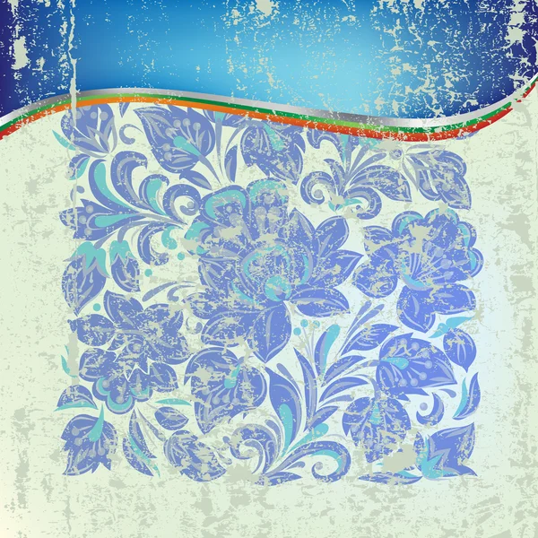 Astratto sfondo grunge con ornamento floreale blu su verde — Vettoriale Stock