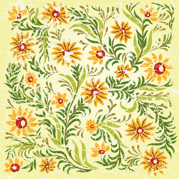 Abstrait fond jaune fissuré avec ornement floral — Image vectorielle