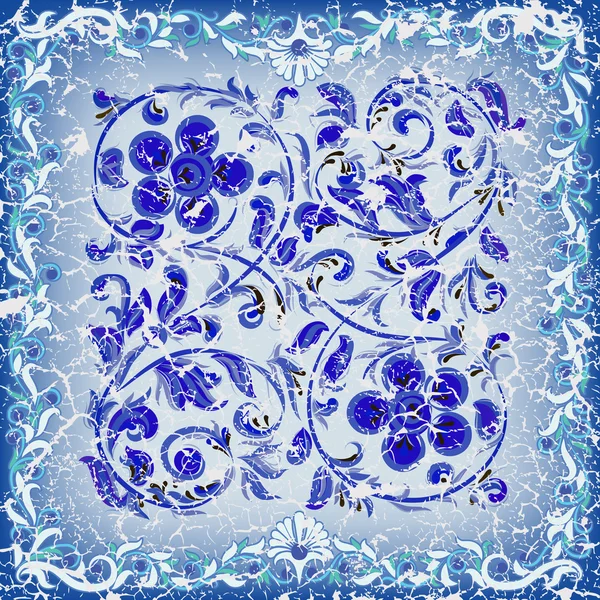 Abstrakte rissige blaue Hintergrund mit floralen Ornamenten — Stockvektor