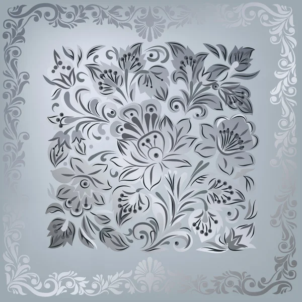 Ornamento floral abstracto de plata sobre fondo gris — Vector de stock