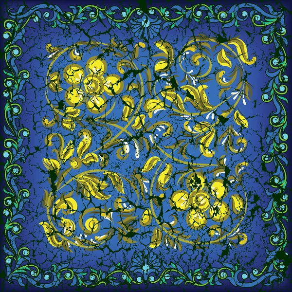 抽象的なひび黄金の花の飾りと青色の背景 — ストックベクタ