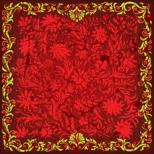 Abstrato rachado fundo vermelho com ornamento floral verde — Vetor de Stock