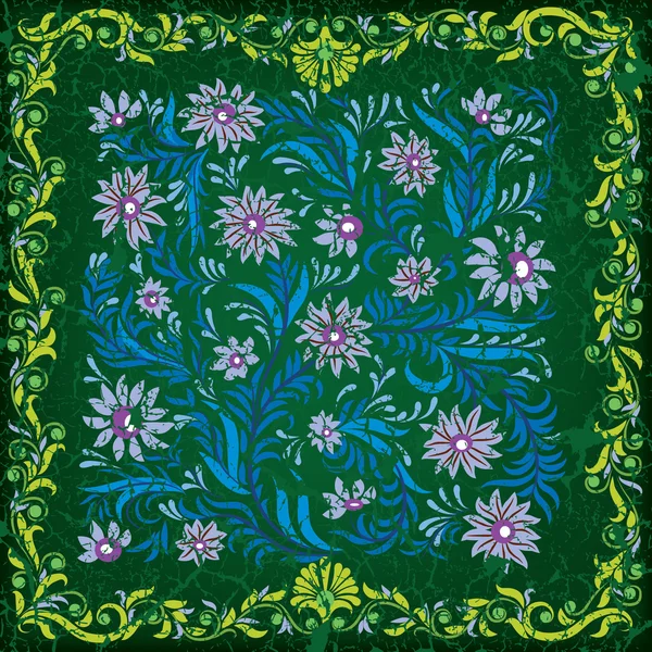 Abstracto verde fondo agrietado con adorno floral azul — Archivo Imágenes Vectoriales