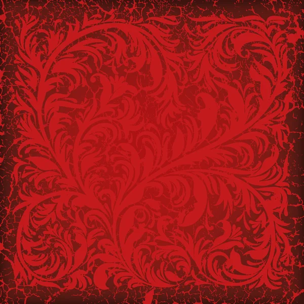 Abstrakte rissige rote Hintergrund mit floralen Ornamenten — Stockvektor