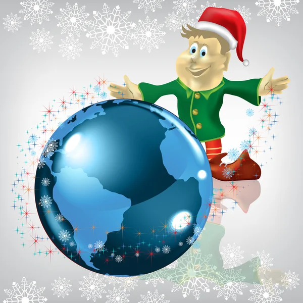 stock vector Christmas greeting dwarf with globe on white