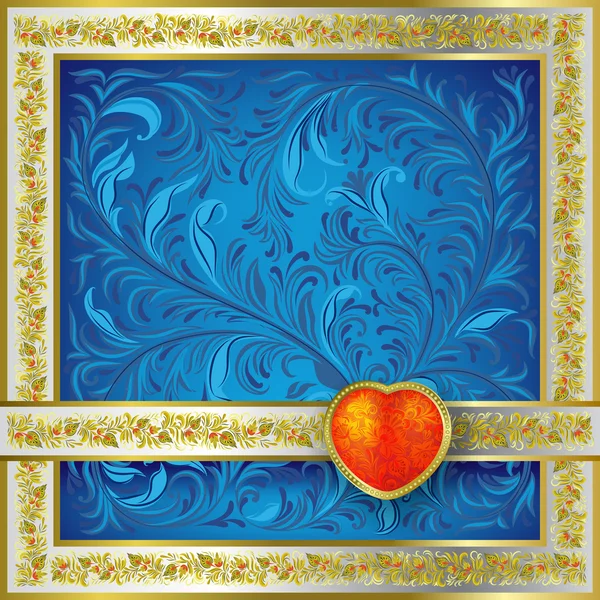 Saludo Azul San Valentín Con Corazón Rojo Marco Floral Dorado — Vector de stock