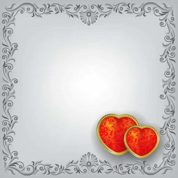 Valentinstag Gruß Mit Roten Herzen Auf Grauem Blumenhintergrund — Stockvektor