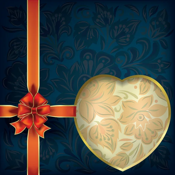 Saludo San Valentín Con Corazón Lazo Rojo Sobre Adorno Floral — Vector de stock
