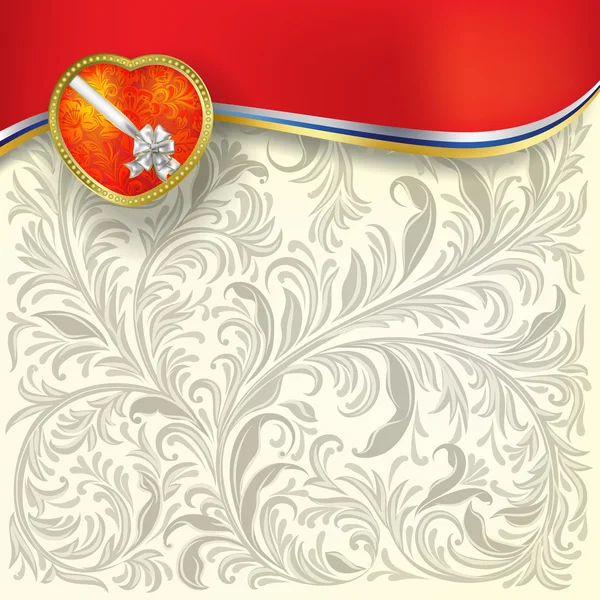 Saludo San Valentín Con Corazón Lazo Blanco Sobre Fondo Floral — Vector de stock