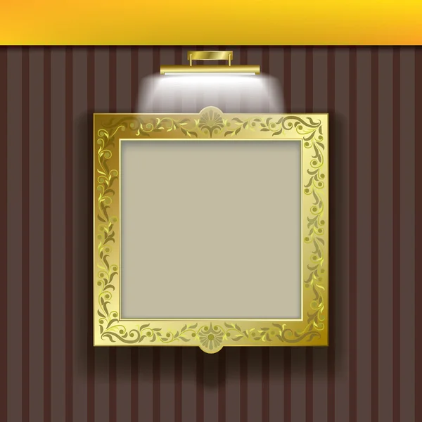 Золотая Квадратная Рамка Прожектором Коричневых Обоях — стоковый вектор