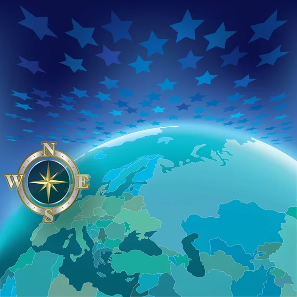 抽象插画与地球和星星背景上的指南针 — 图库矢量图片