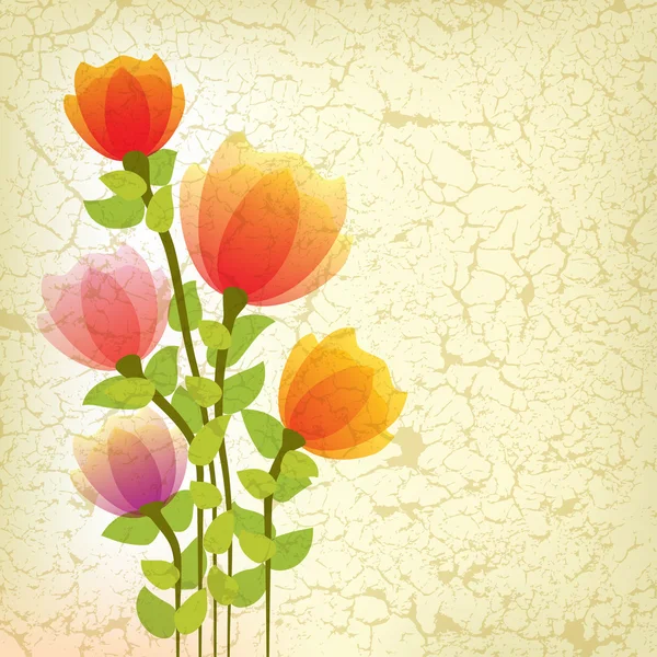 Abstrakte Florale Illustration Mit Roten Blumen Auf Rissigem Hintergrund — Stockvektor