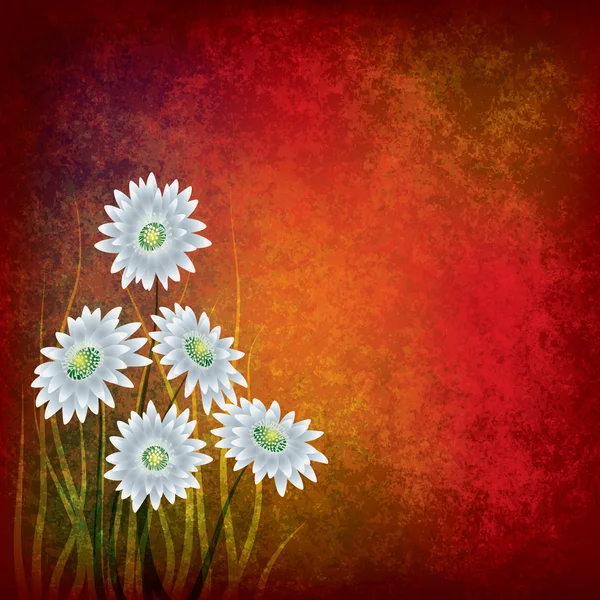 Ilustração grunge com flores brancas em vermelho — Vetor de Stock