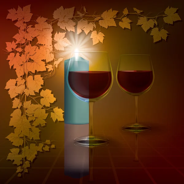 Illustrazione astratta con candele e bicchieri da vino su rosso — Vettoriale Stock