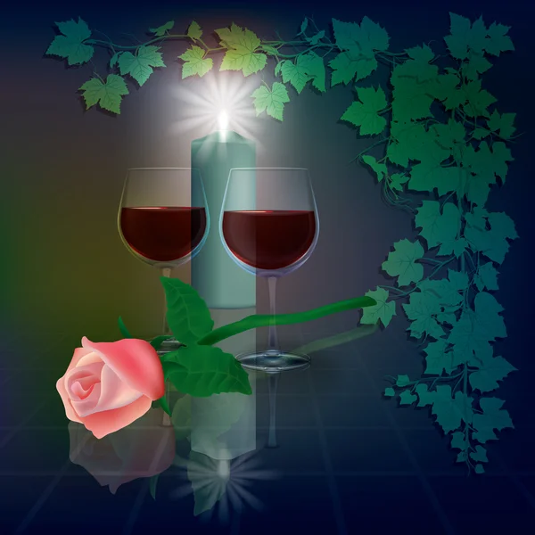 Illustrazione astratta con occhiali da vino e candela — Vettoriale Stock