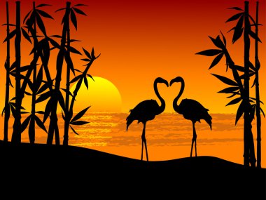 Silhouette of two flamingos on the seaside clipart