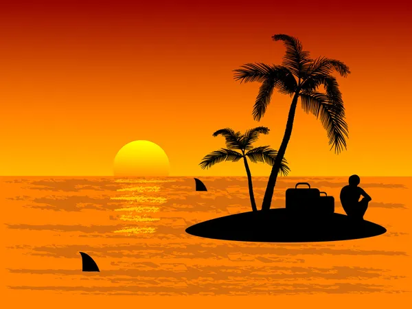 Lonely Man Tropical Island — Stock Vector