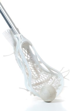 A sliver lacrosse stick with a white head and white netting along with a gray ball clipart