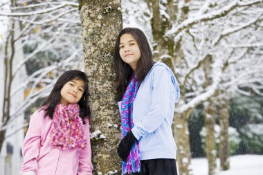 Two little girls standing by tree in fresh snow clipart