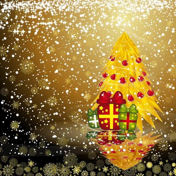Märchen goldener Weihnachtsbaum mit Geschenken auf dunklem Schnee Hintergrund — Stockvektor