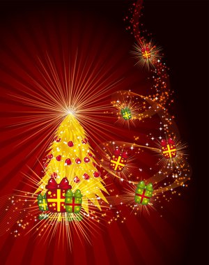 Fairy golden christmas tree with gifts on a dark red background. clipart