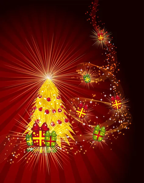 Fairy golden christmas tree with gifts on a dark red background. — Stock Vector