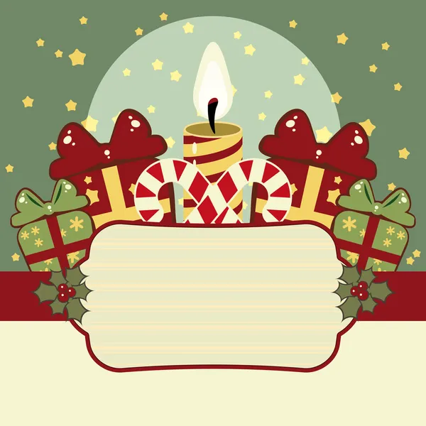 Ретро різдвяний фон зі свічками, подарунками та банером — стоковий вектор