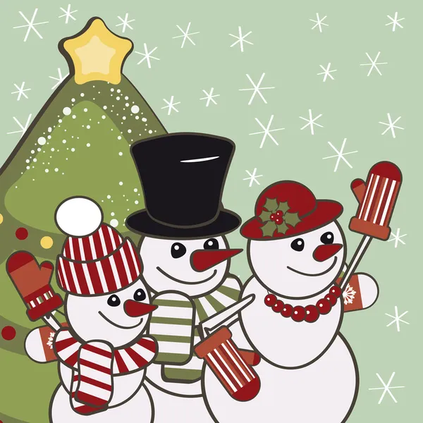 Cartão de Natal retrô com uma família de bonecos de neve . —  Vetores de Stock