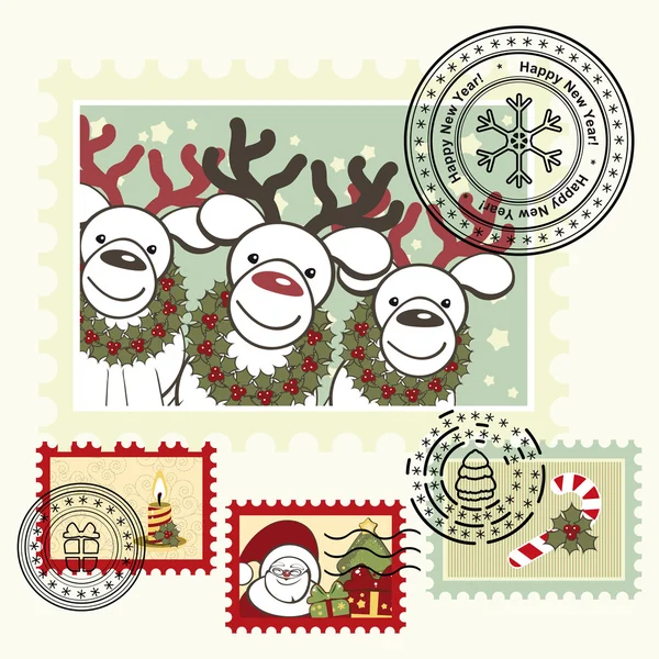 Series of stylized Christmas post stamps. — Stock Vector
