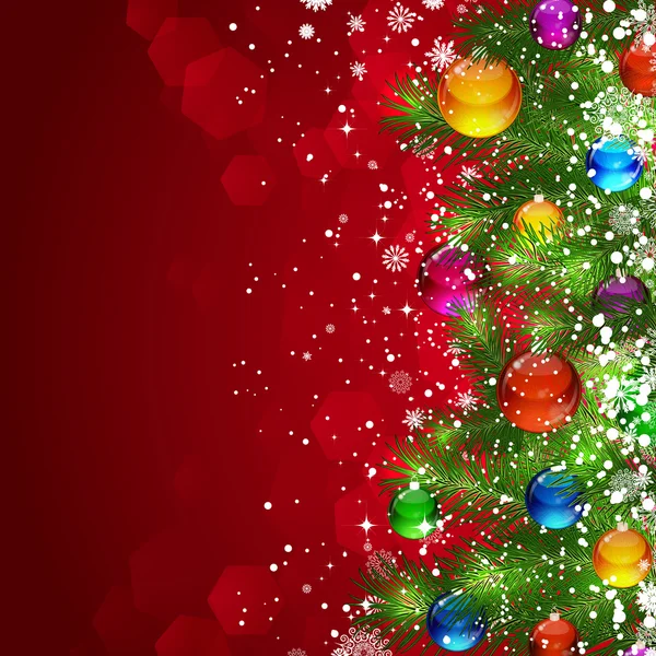 Jul bakgrund med snötäckta julgran dekorerad — Stock vektor