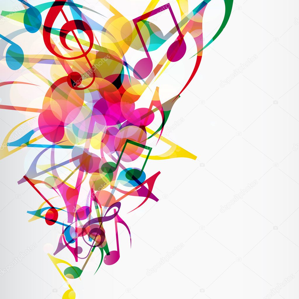 Abstract musical background with bright flying up notes and othe