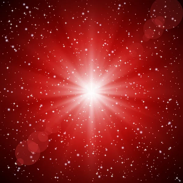 Fondo rojo abstracto de rayos luminosos y estrellas . — Vector de stock
