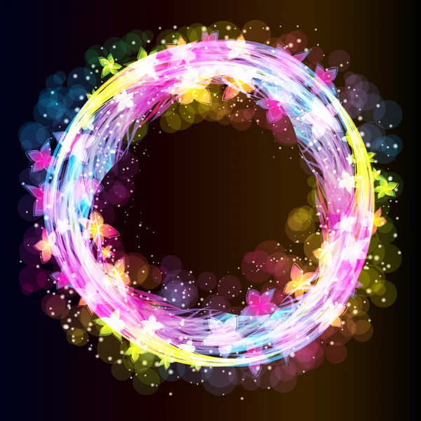 Ring of flowers and light on a dark background. Vector. — Stock Vector
