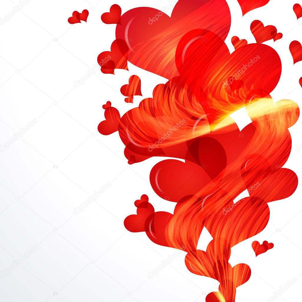 Flaming hearts fly up, side vector border.