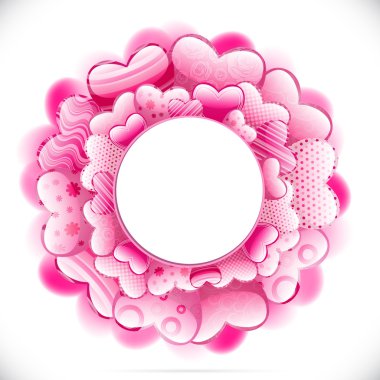 Round frame made of hearts and adorned with various ornaments. clipart