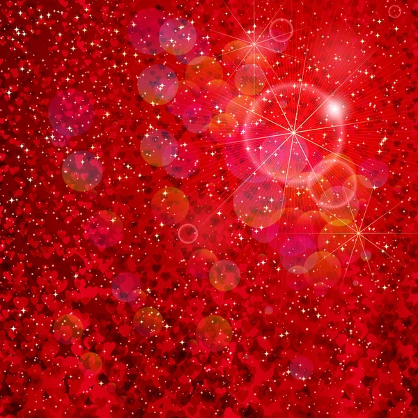 Hjärtan och stjärnor faller på den glänsande röd bakgrunden. — Stock vektor