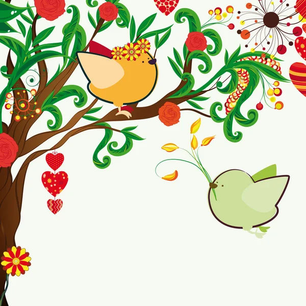 Цветочный весенний фон. Пара птичек на цветущей фанте — стоковый вектор