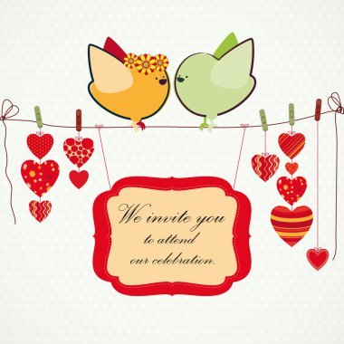 Invitation background. Couple of birdies, hearts on the clothespin and a banner for your text. clipart