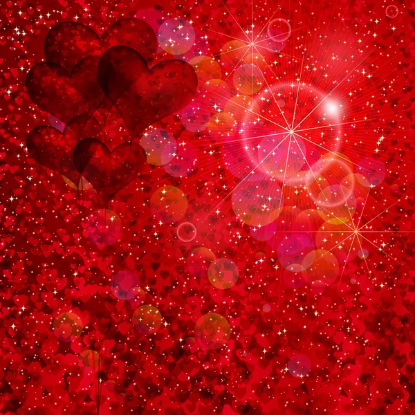 气球心和星星落在闪闪发光的红色背景上 — 图库矢量图片