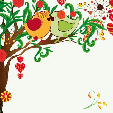 Floral spring background. Couple of birdies on the bloosom fantastic tree. clipart