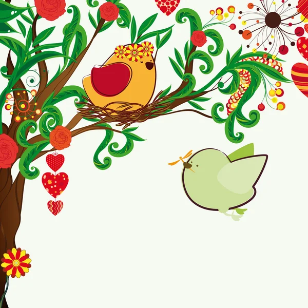 Blümchenfrühling Ein Paar Birdies Und Der Blühende Fantastische Baum — Stockvektor