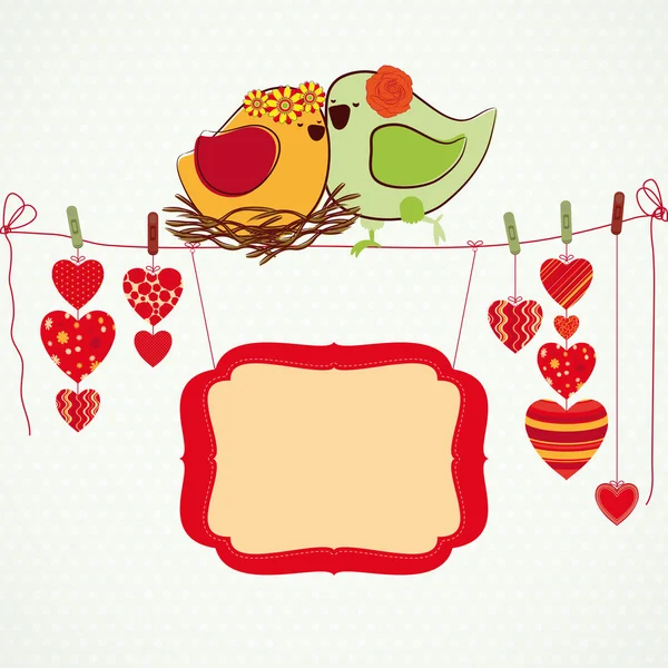 Couple Birdies Hearts Clothespin Banner Your Text — Stock Vector