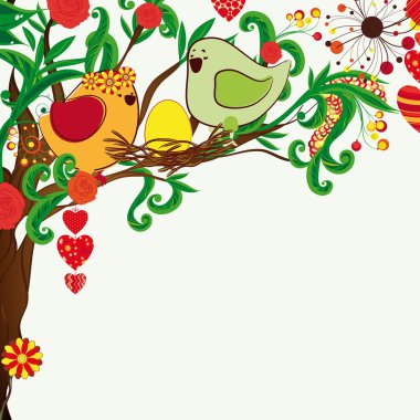 Floral spring background. Couple of birdies and the bloosom fant clipart