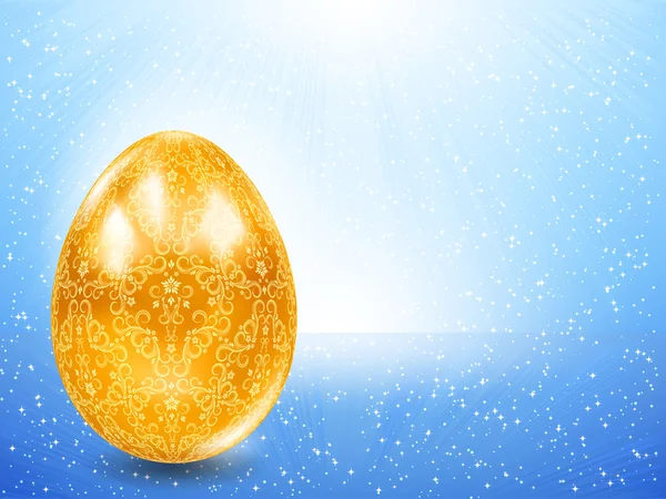 Huevo dorado sobre un fondo de rayos azules . — Vector de stock