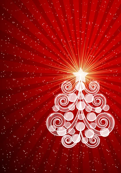 Rote Weihnachtskarte mit Wirbeln Baum und Kugeln. — Stockvektor