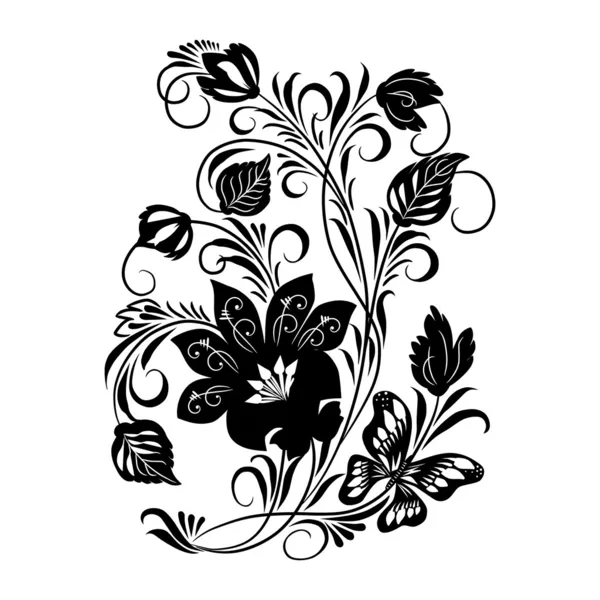 Černý Květinový Ornament Bílém Pozadí — Stockový vektor