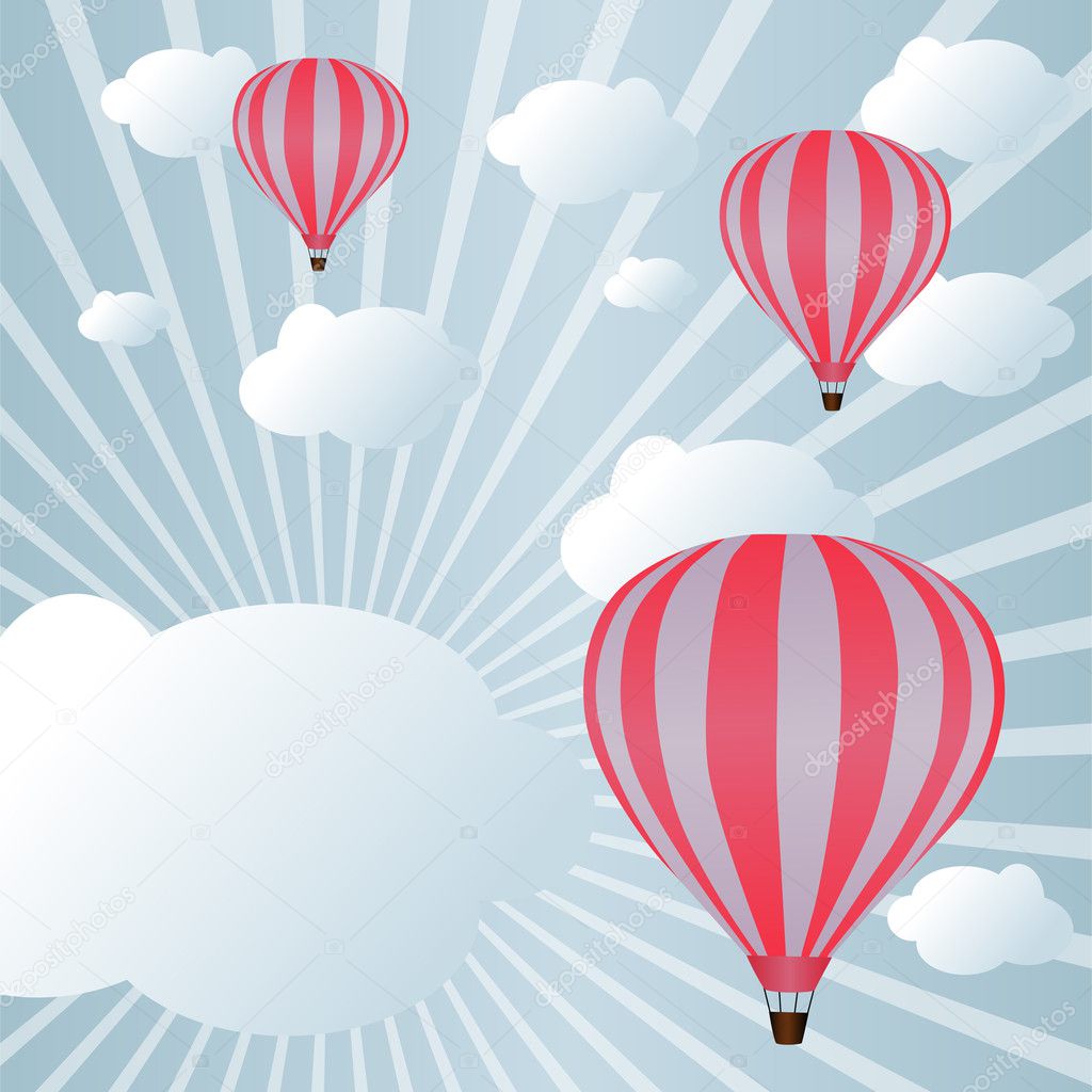 Background with hot air balloons among clouds in sunlight