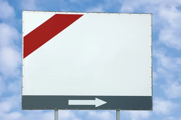 Blank white billboard with red and grey bar and arrow over cloud — Stock Photo, Image