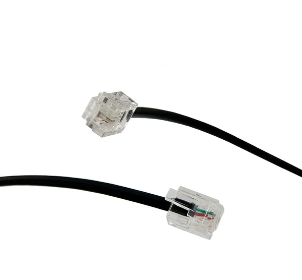 Černý telefon / modem kabely, izolované makro detail — Stock fotografie