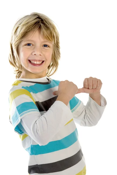Bir Çocuk Kendi Kendine Beyaz Bir Arka Plan Üzerine Işaret — Stok fotoğraf